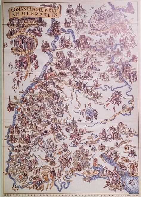 Zu sehen ist eine Karte des Oberrheins, die mit verschiedenen Märchendarstellungen geschmückt wurde.