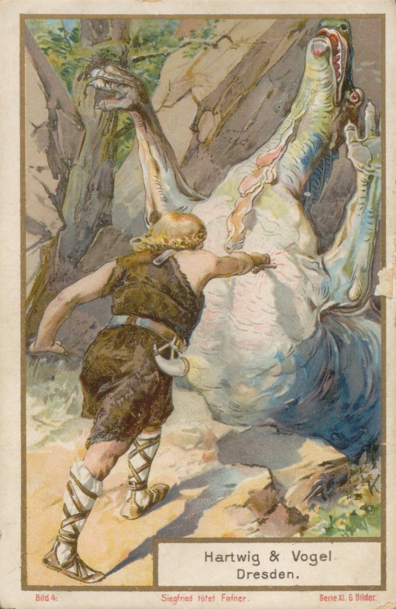 Zeichnerische Darstellung von Siegfried beim Bekämpfen der Drachenfigur Fafner.