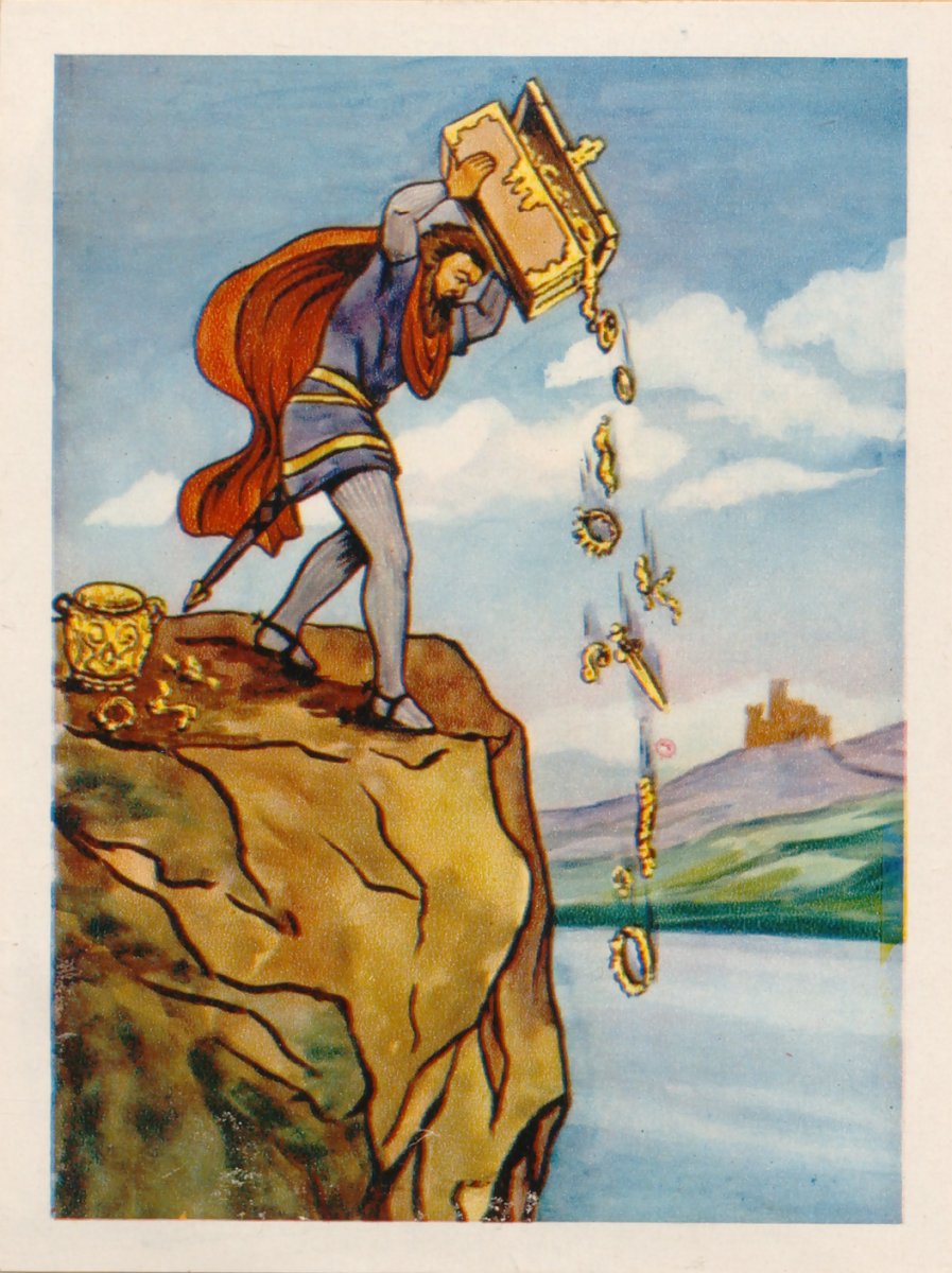 Darstellung von Hagen, welcher den Nibelungenhort von einem Kliff wirft.