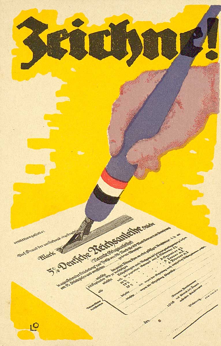 © Badische Landesbibliothek Karlsruhe Das Motiv zeigt eine übergroße Hand mit Füllfederhalter die eine Unterschrift auf eine Reichsanleihe setzt. Zu lesen ist: "Zeichne! 5 % Deutsche Reichsanleihe". Die Karte ist ein Entwurf zur 9. Kriegsanleihe von Louis Oppenheim.