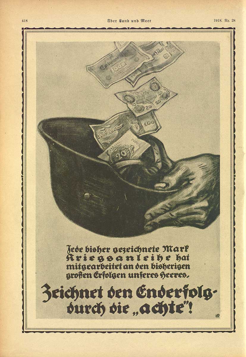 © Badische Landesbibliothek Karlsruhe Seite aus dem Magazin "Über Land und Meer", abgebildet ist ein Helm in den Geld fällt.
